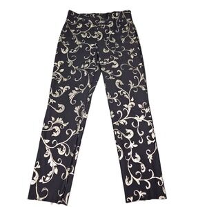 Joseph Ribkoff Pants Womens Sz 12 Stretch Pull On Black Gold Foil Vine Ankle Zip